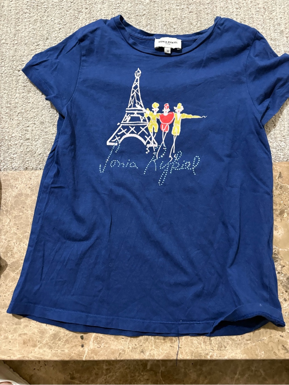 Sonia Rykiel Navy Short-Sleeve Eiffel Graphic Tee with Yellow & Red Accents